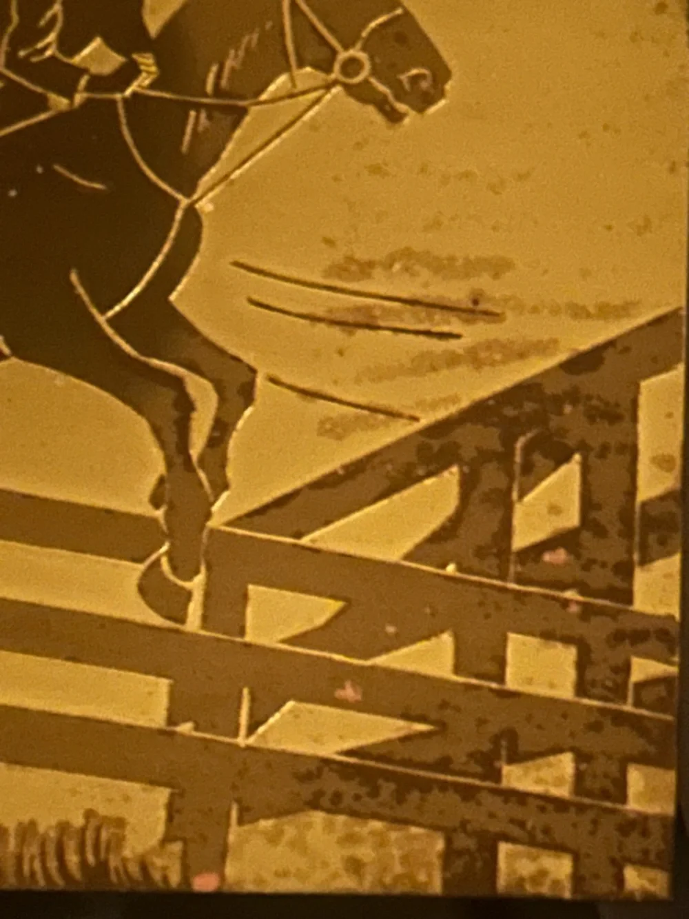Vintage gilt & acid-etched metal of horse & rider by artist Esther Brann.