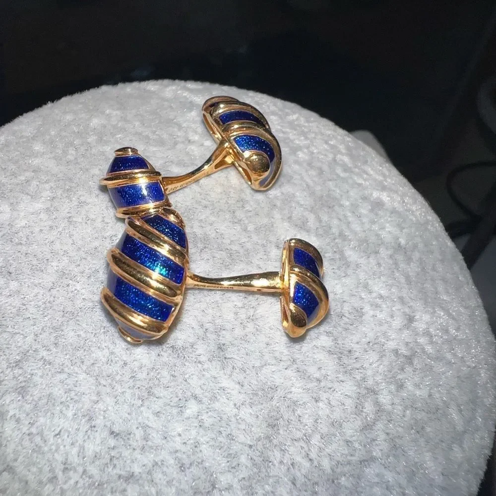 Tiffany Schlumberger Olive Cuff Links 18k‎ Gold Blue Enamel worn once with pouch