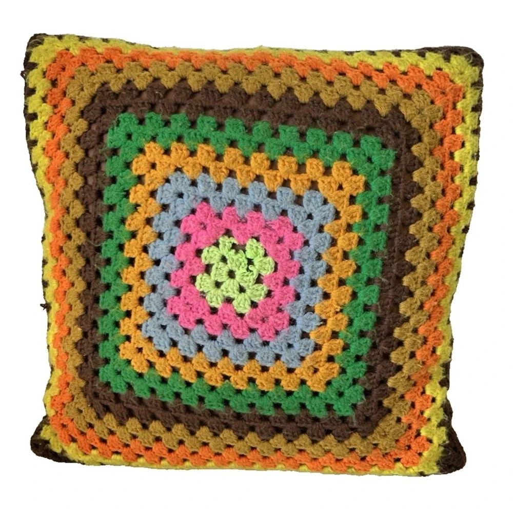 Vintage 2 Granny Square Crochet Throw Pillow & Case Rainbow Handmade Decorative