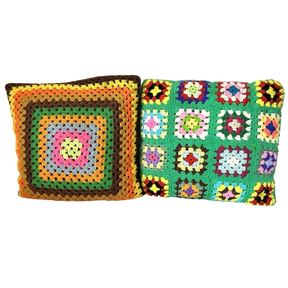 Vintage 2 Granny Square Crochet Throw Pillow & Case Rainbow Handmade Decorative
