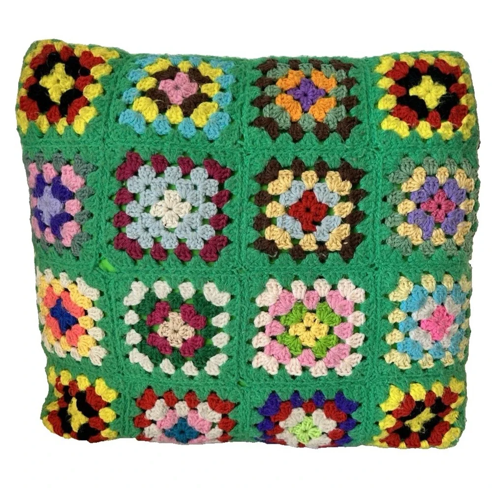 Vintage 2 Granny Square Crochet Throw Pillow & Case Rainbow Handmade Decorative