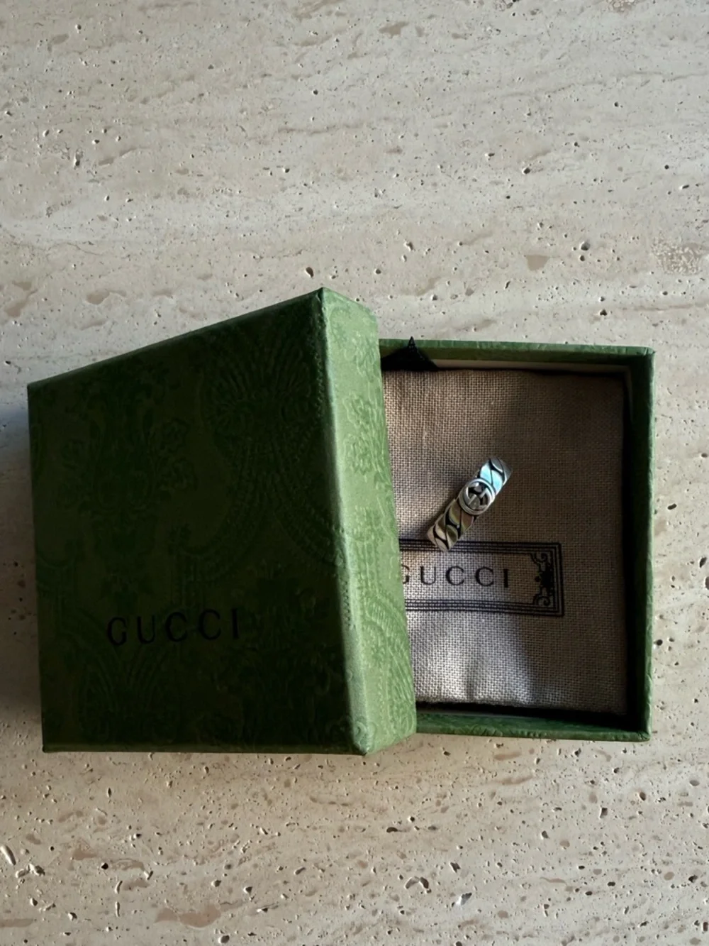 NWB GUCCI WIDE INTERLOCKING STERLING SILVER RING DESIGNER SZ: 24