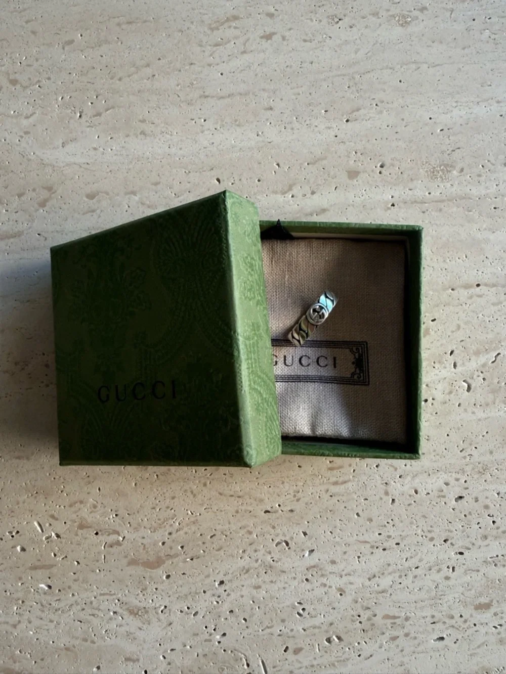 NWB GUCCI WIDE INTERLOCKING STERLING SILVER RING DESIGNER SZ: 24