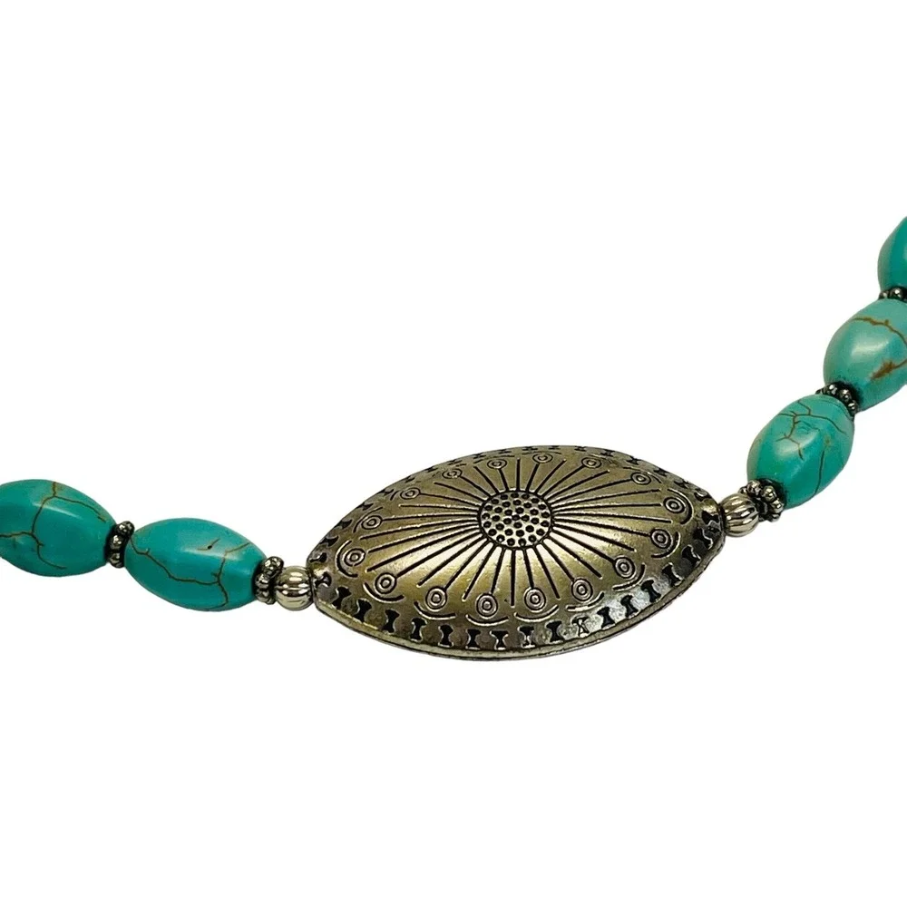 Western Necklace Turquoise Look Blue Elongated Beads Silver Tone Pendant Western