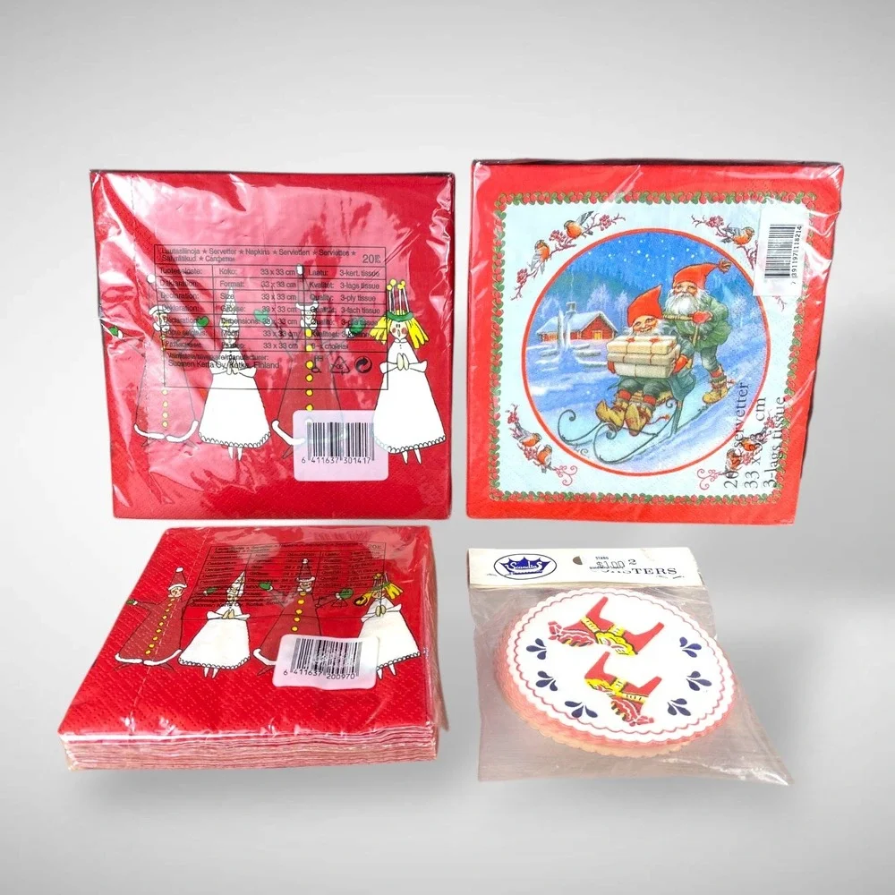 Scandinavian NOS Paper Napkins & Coasters Vintage Dala Horse Gnomes Lucia‎