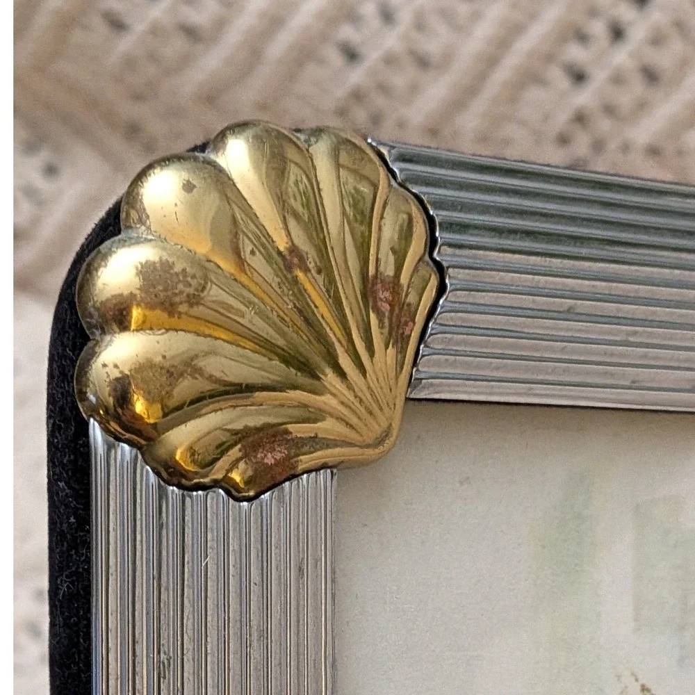 Vintage Silver Ribbed Picture Frame Gold Shell Corners Coastal Regency 8x10