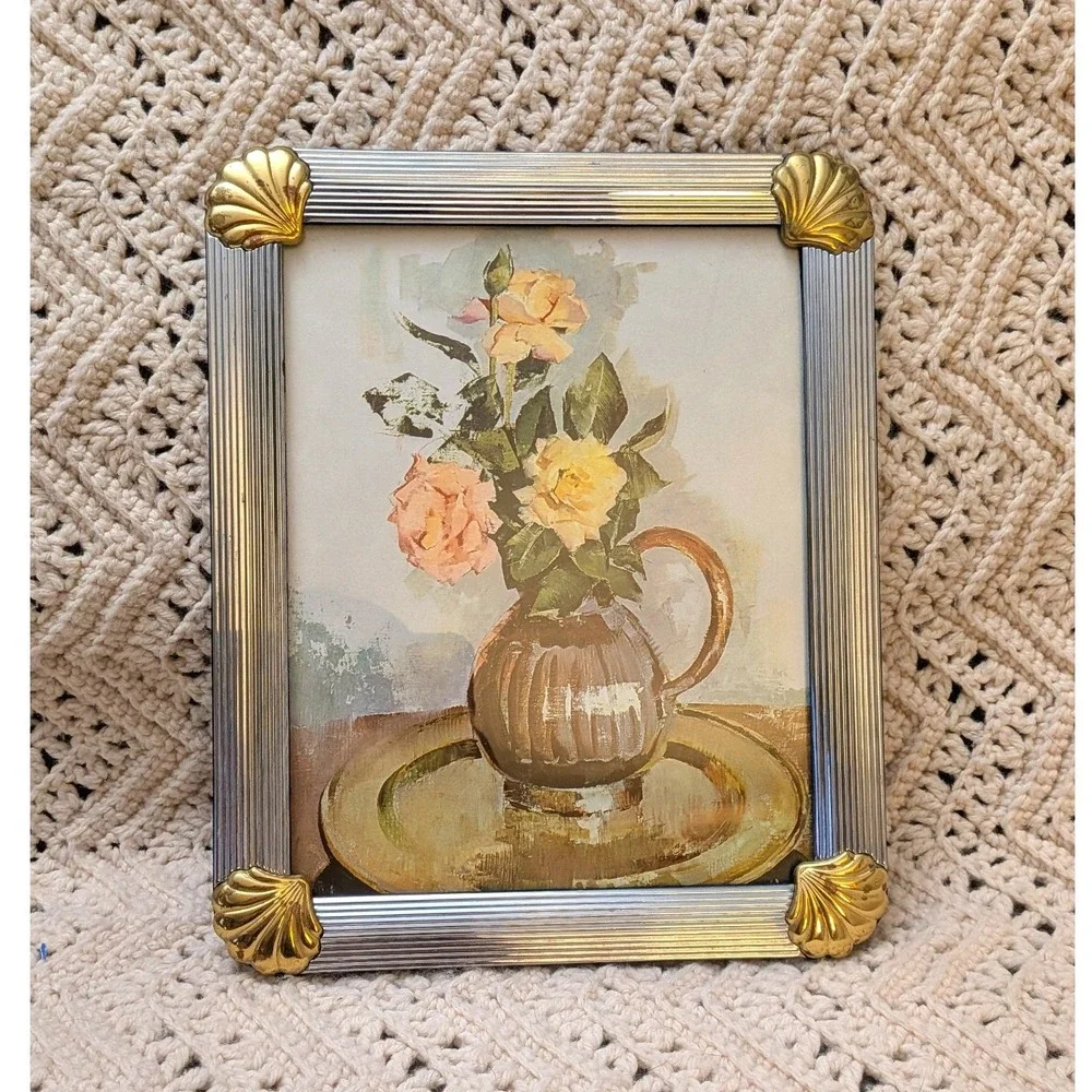 Vintage Silver Ribbed Picture Frame Gold Shell Corners Coastal Regency 8x10