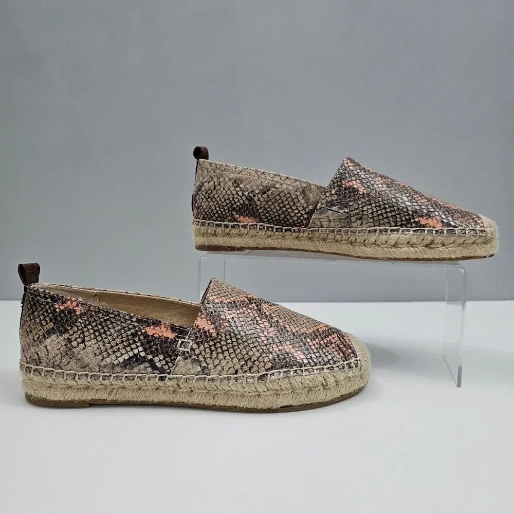 NEW Sam Edelman Khloe Espadrille Flat Womens 8 Peach Snake Print Leather Slip On