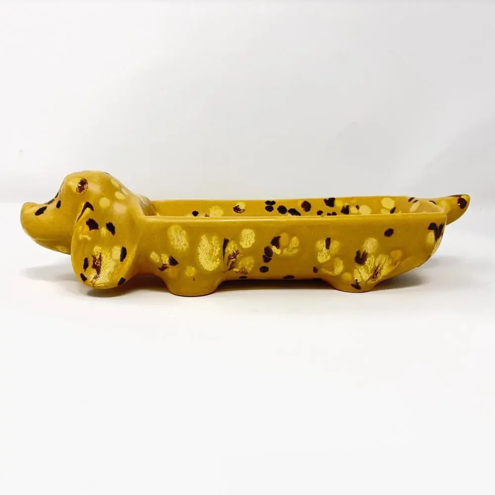 Vtg Dachshund Wiener Dog Serving Cracker Candy Dish Ceramic Bar Speckled READ