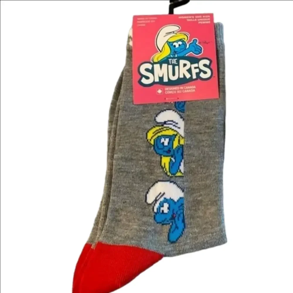 4/$25 Smurf Novelty Socks New Gray Red Smurf Characters Collectible Crew Socks