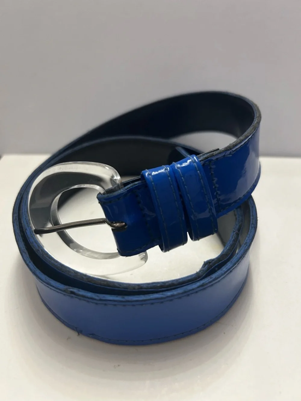 Vintage Accessories By Pearl Blue Vinyl Belt Acrylic Buckle Made In USA M