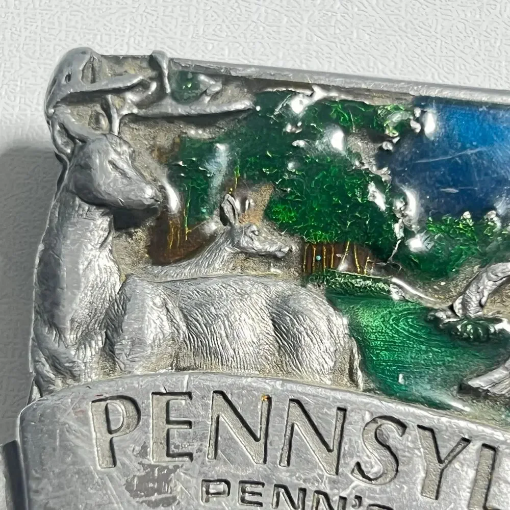Vintage 80s Bergamot Belt Buckle Enamel Penns Paradise Pennsylvania Hunting