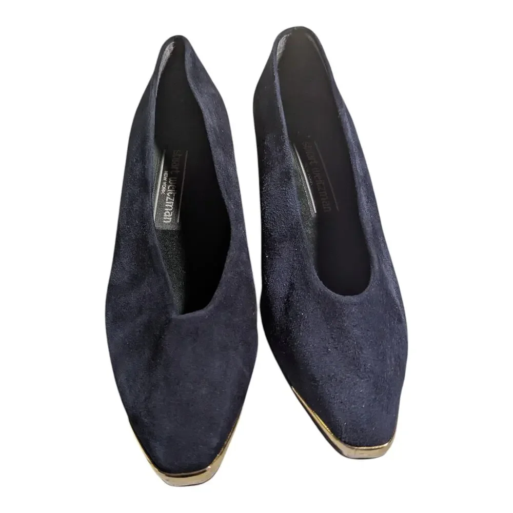 Vtg 1990s Stuart Weitzman Navy Suede Gold Metal Pointed Toe Low Heel Pumps 8
