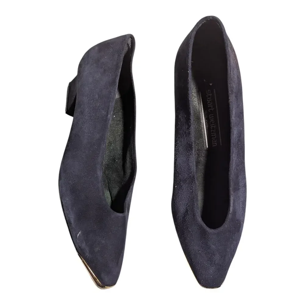 Vtg 1990s Stuart Weitzman Navy Suede Gold Metal Pointed Toe Low Heel Pumps 8