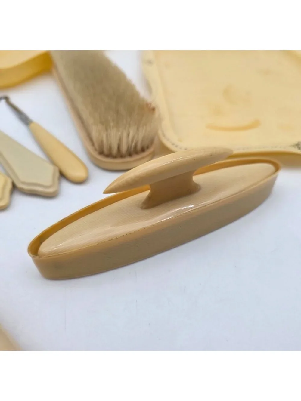 Vintage Ivory Celluloid Manicure Grooming Set Brush Tools 8-Piece Lyra Lin Dubar