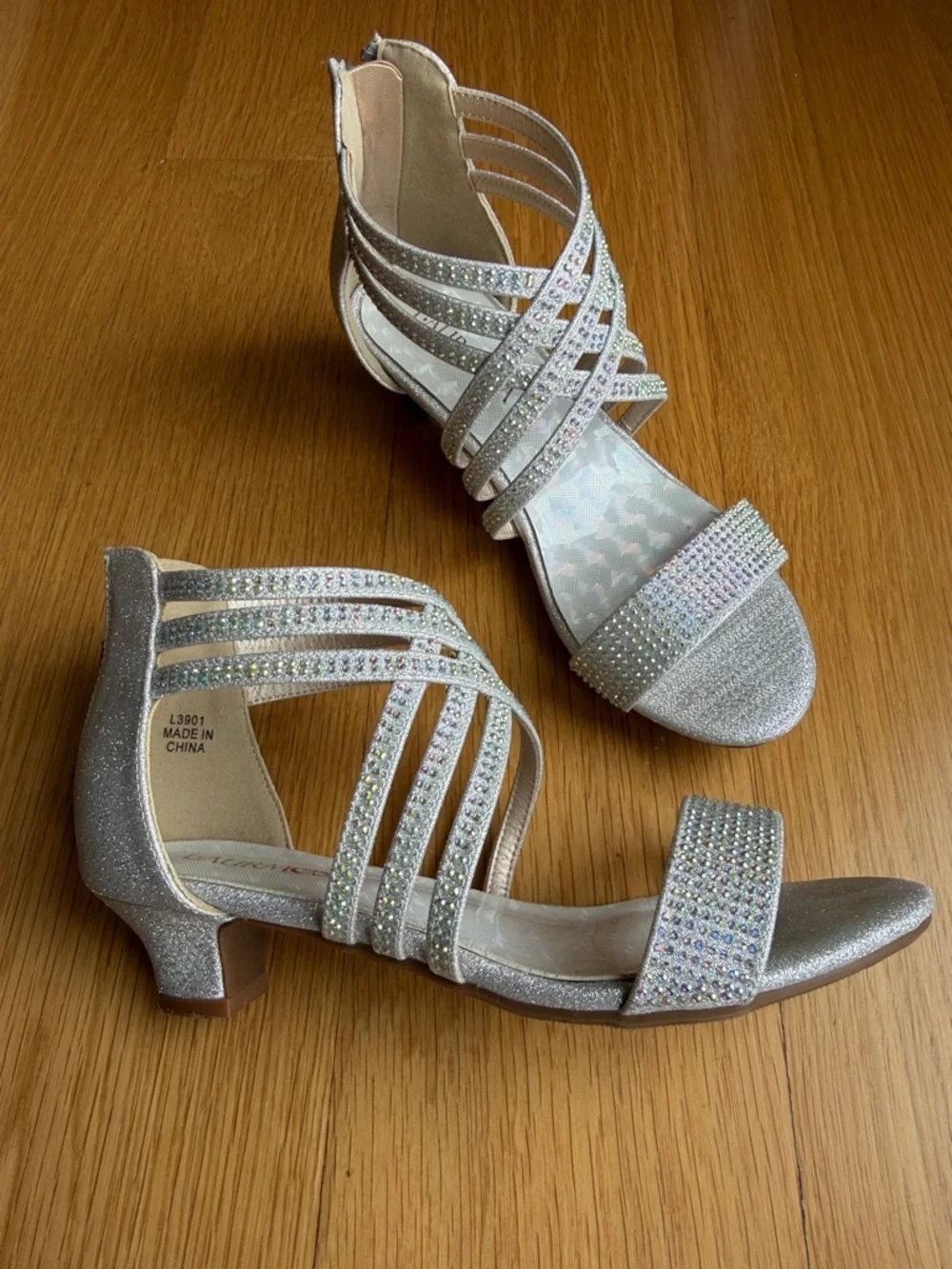 Girls Silver Rhinestone Strappy Low Heel Dress Sandals