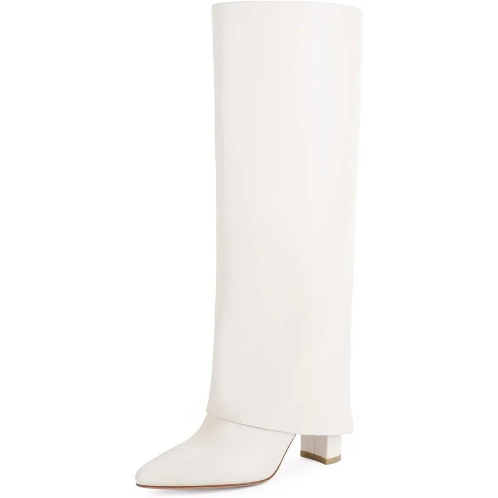 Women White Pu Leather Fold Over Knee High Dress Tall Chunky High Heel Long Boot