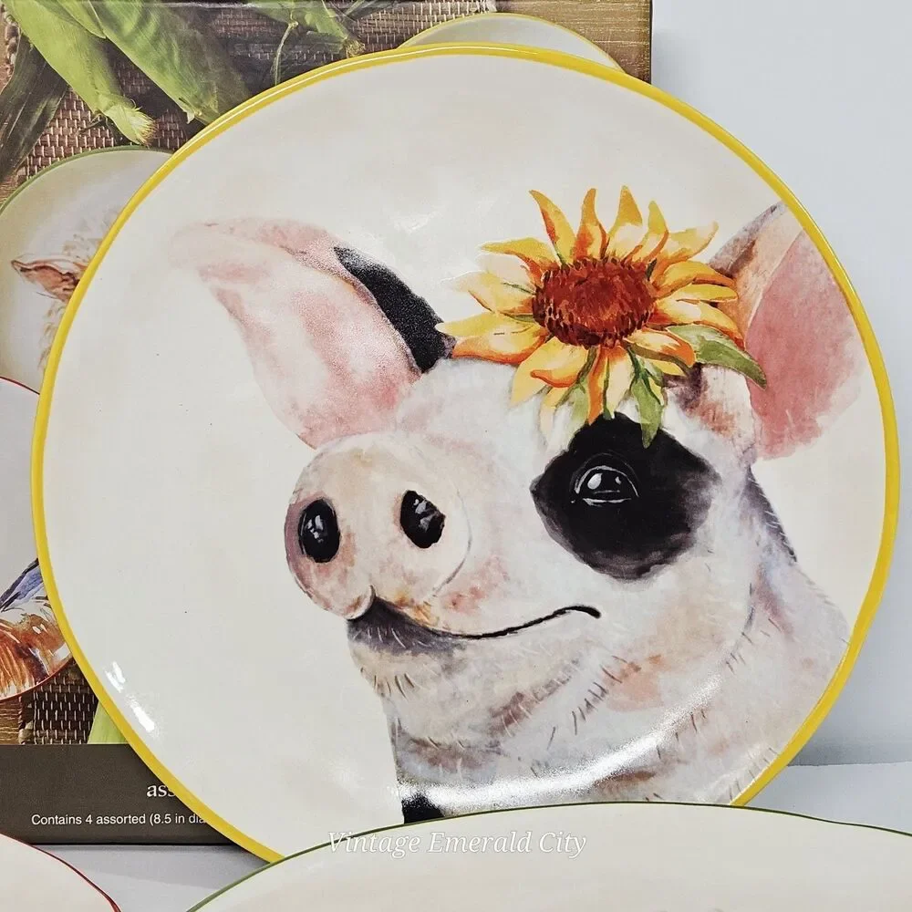 Vtg Pier 1 Imports Farm Animal Salad/Dessert Plates Hand Painted Set of 4 in Box