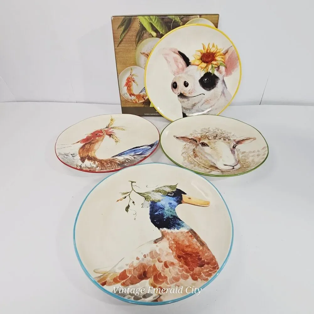 Vtg Pier 1 Imports Farm Animal Salad/Dessert Plates Hand Painted Set of 4 in Box