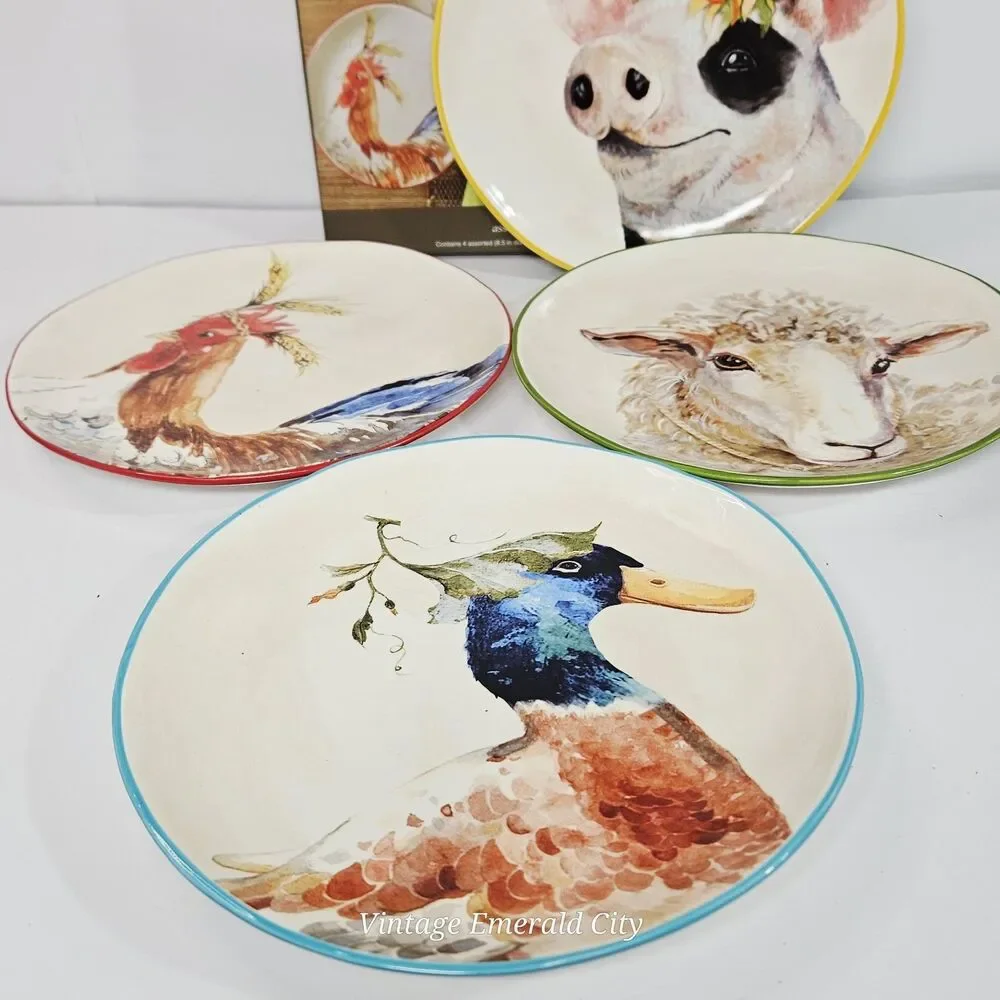 Vtg Pier 1 Imports Farm Animal Salad/Dessert Plates Hand Painted Set of 4 in Box