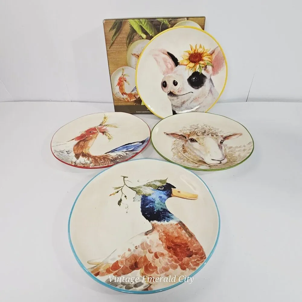 Vtg Pier 1 Imports Farm Animal Salad/Dessert Plates Hand Painted Set of 4 in Box