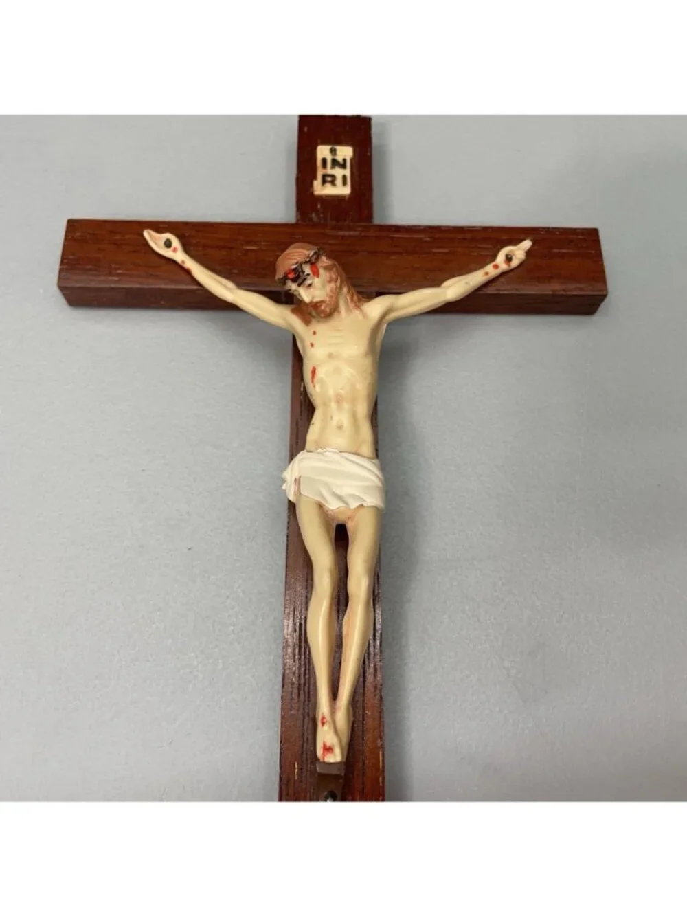 Vintage INRI Wooden Crucifix Wood Cross Jesus Religious MCM Wall Hanging 10”