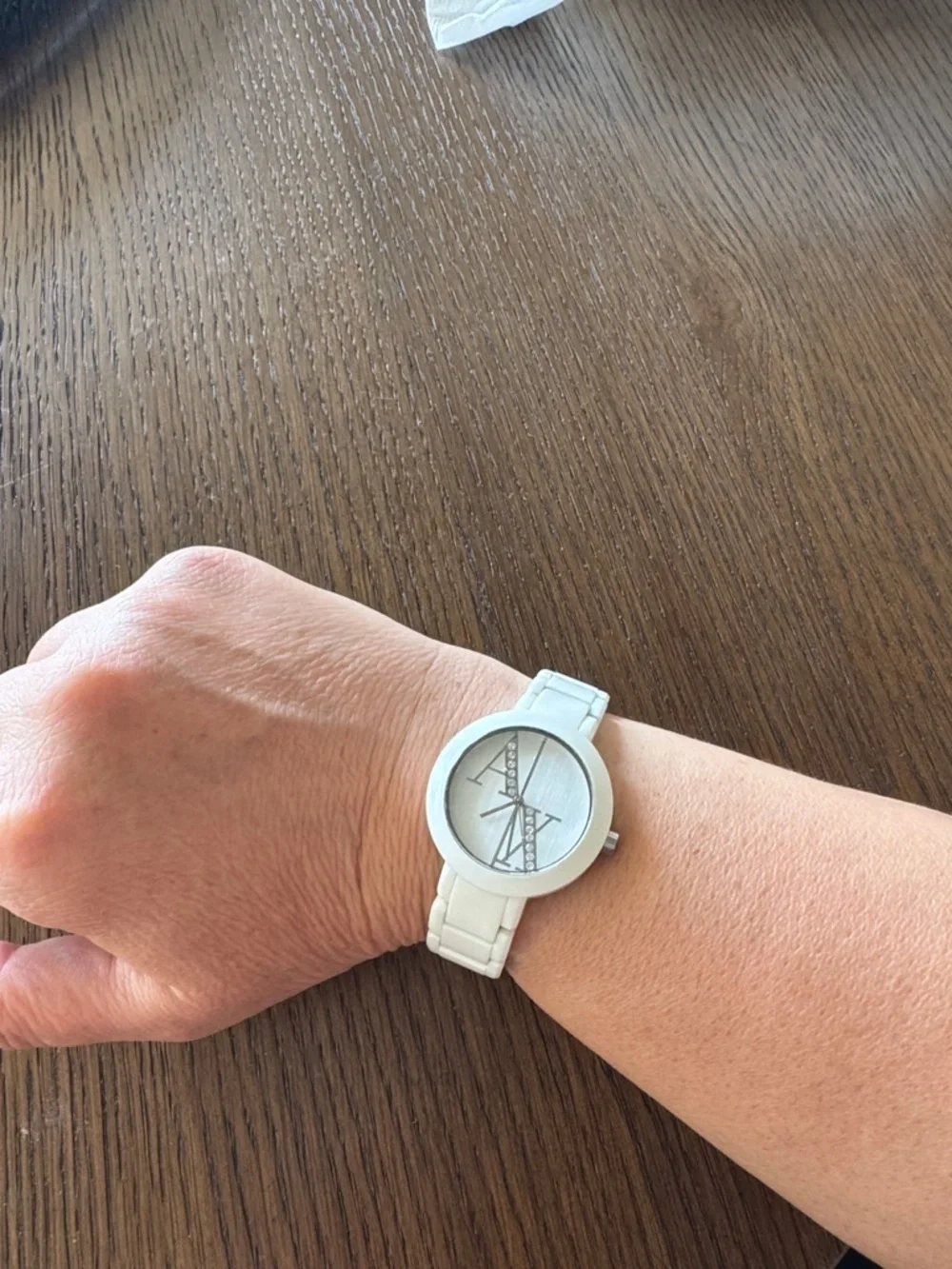 Armani Exchange White Acrylic Bracelet Watch with Diagonal Crystal Detail