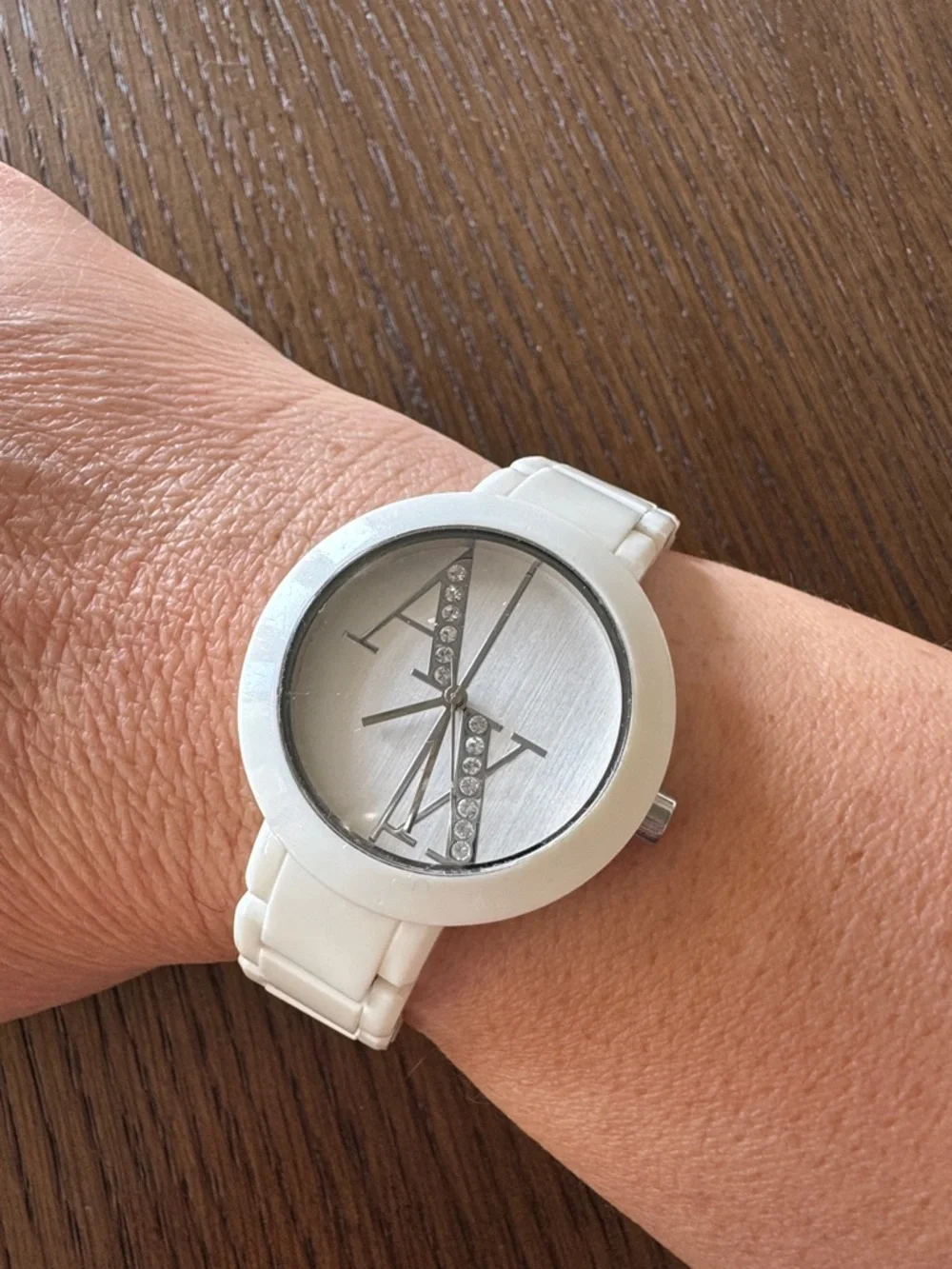 Armani Exchange White Acrylic Bracelet Watch with Diagonal Crystal Detail