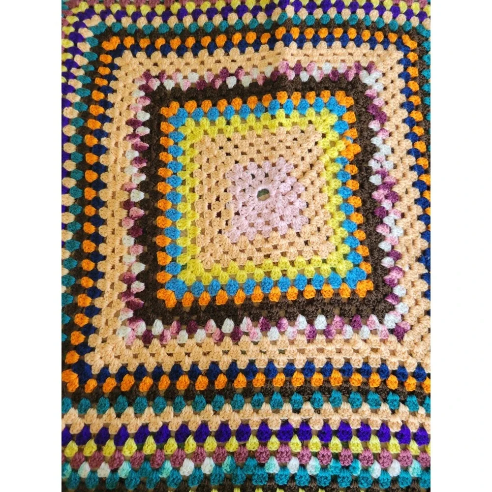 Retro Crochet Granny Square Lap Blanket Multicolor Handmade Afghan 40x40