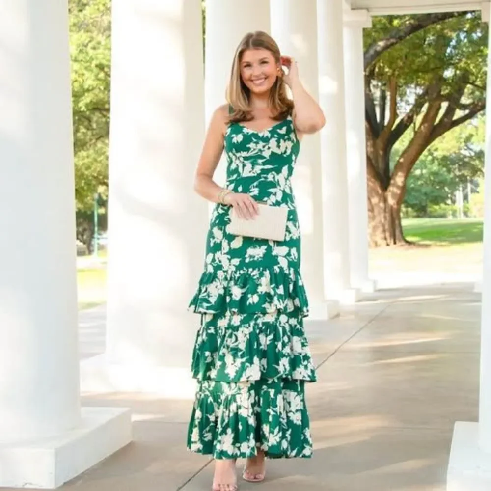 Abercrombie Ruffle Tiered Maxi Dress Size XS Floral Green Spring Wedding