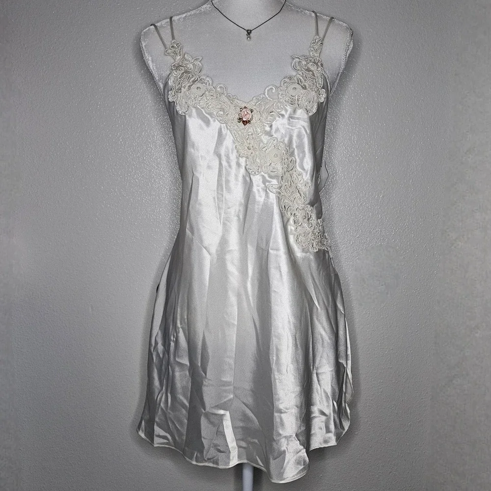 California Dynasty Vintage Ivory Satin Lace Pearl Nightgown Chemise