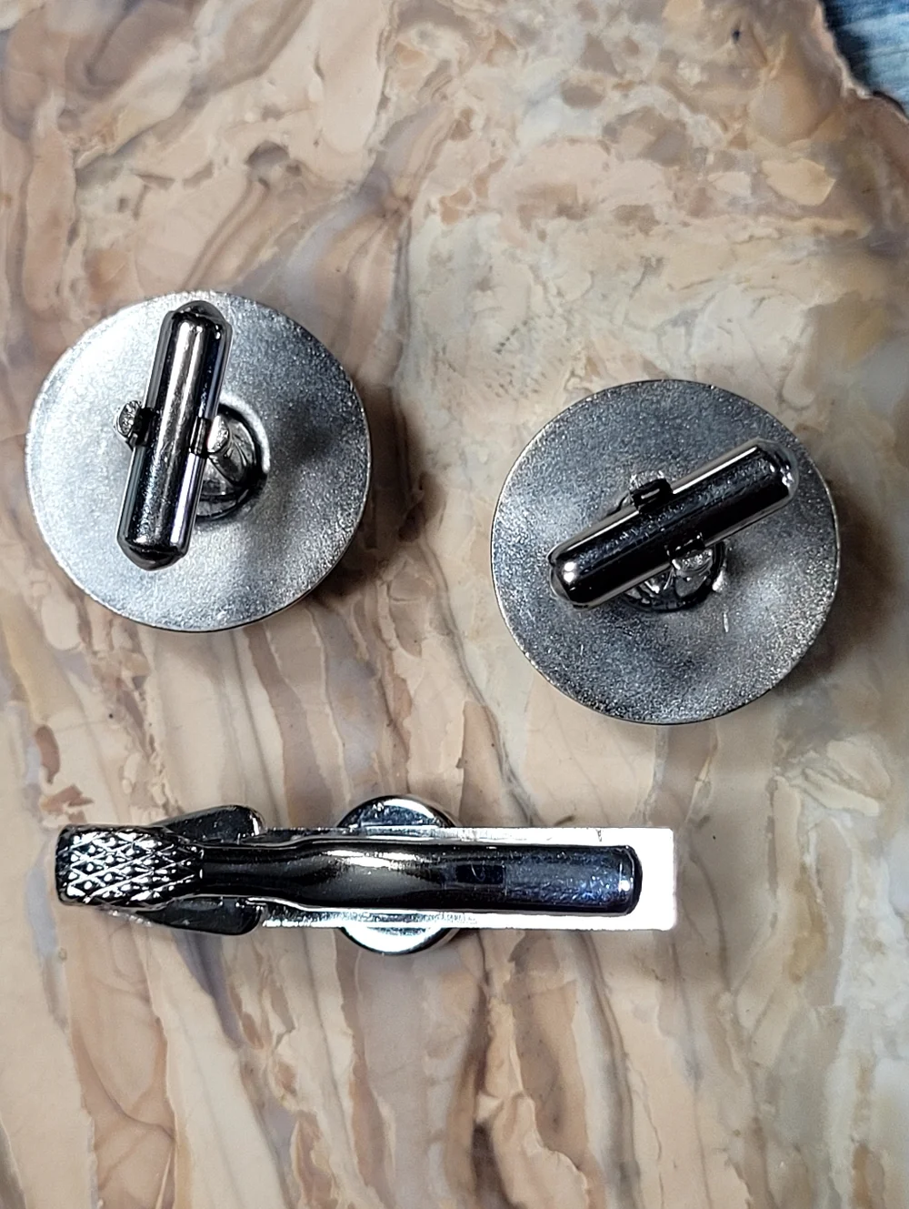 Blue Cufflink and Tie Bar Set - Classic Round Design