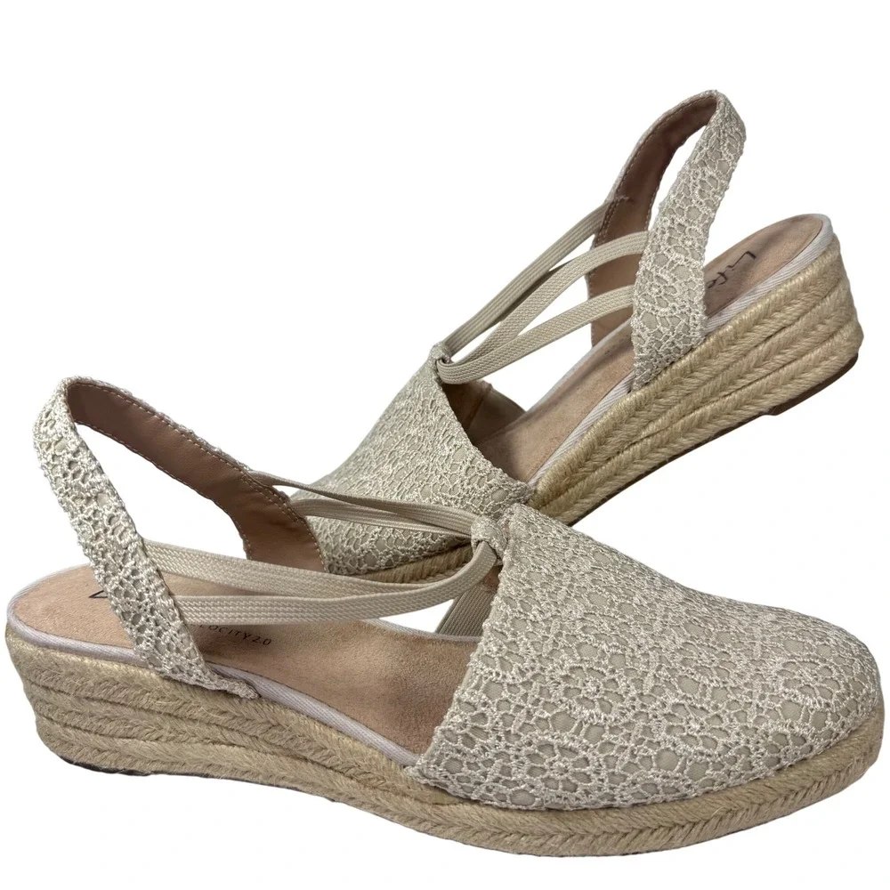 Lifestride Katrina 2 Espadrille wedge black‎ lace Sz 11W slingback Women Sandals