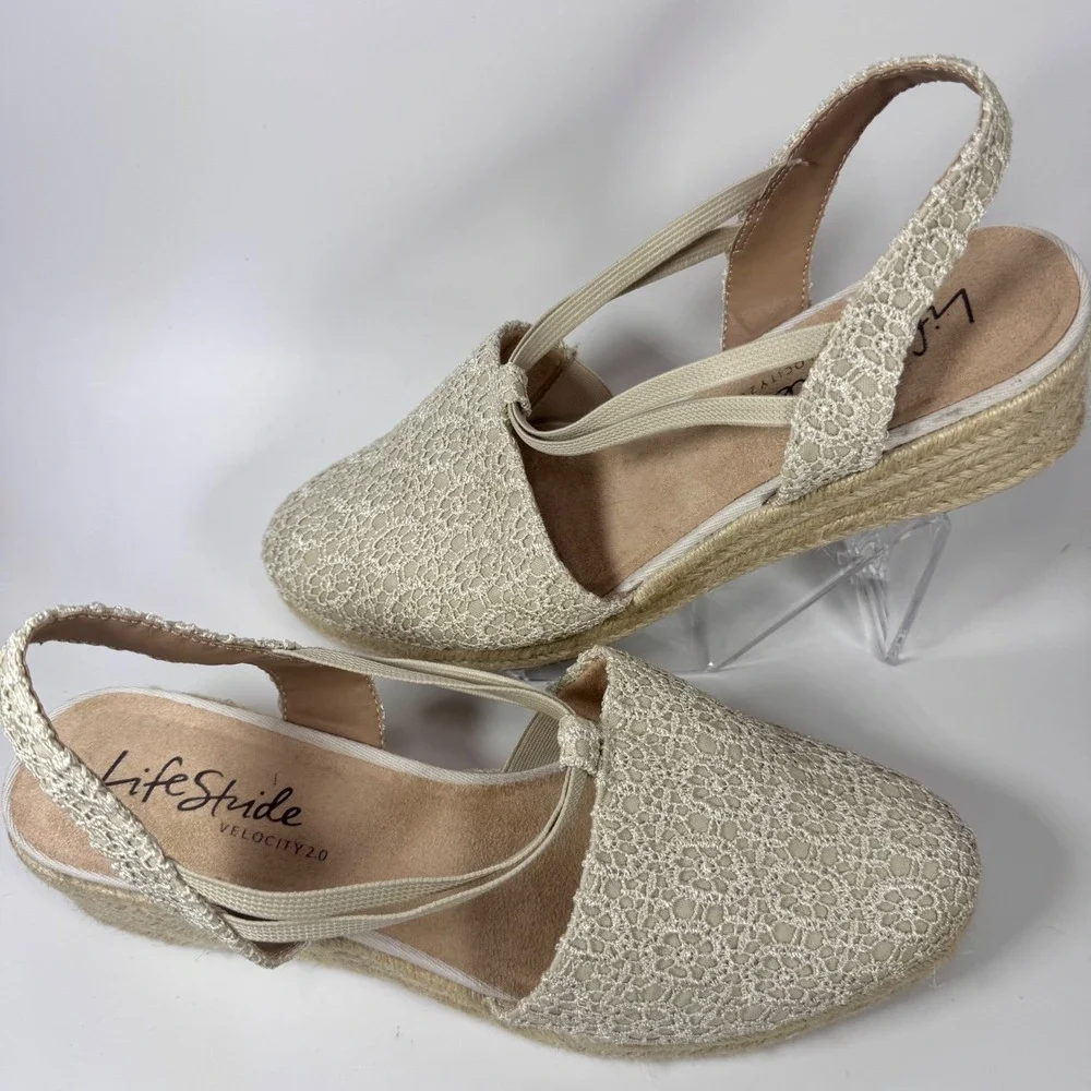 Lifestride Katrina 2 Espadrille wedge black‎ lace Sz 11W slingback Women Sandals