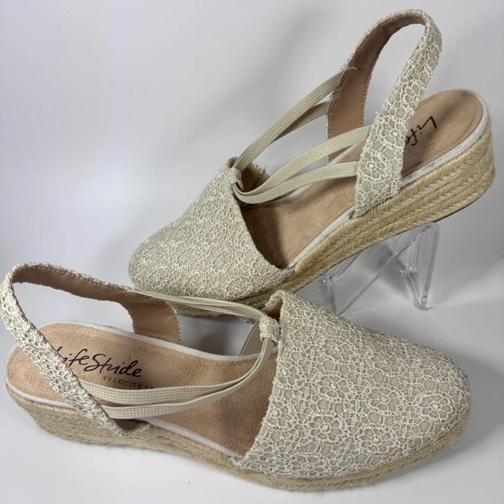 Lifestride Katrina 2 Espadrille wedge black‎ lace Sz 11W slingback Women Sandals