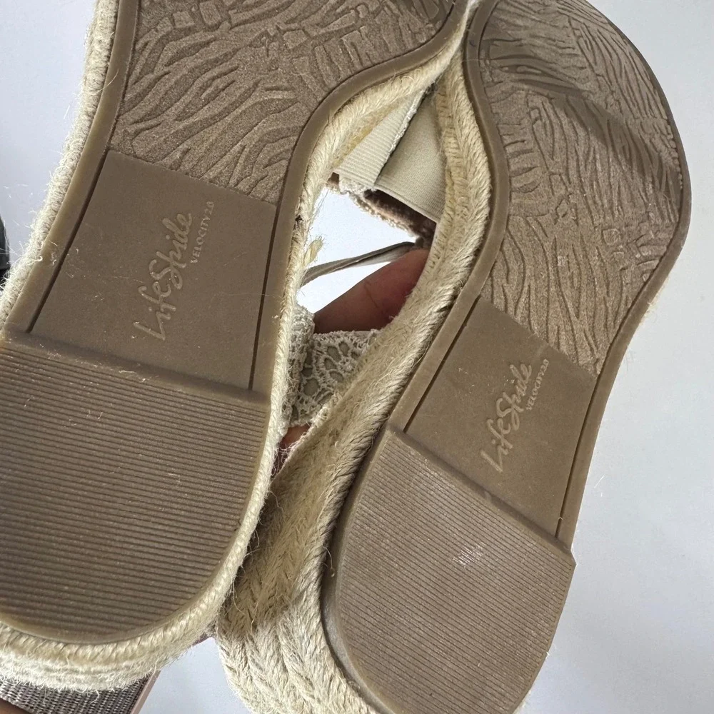Lifestride Katrina 2 Espadrille wedge black‎ lace Sz 11W slingback Women Sandals
