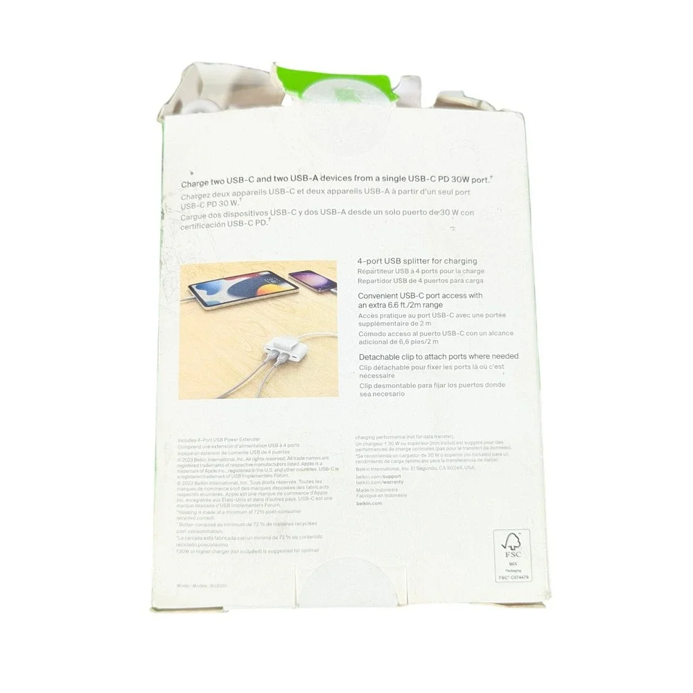 Aa2O Belkin 4-Port USB Power Extender For‎ Apple, Samsung, Google. White