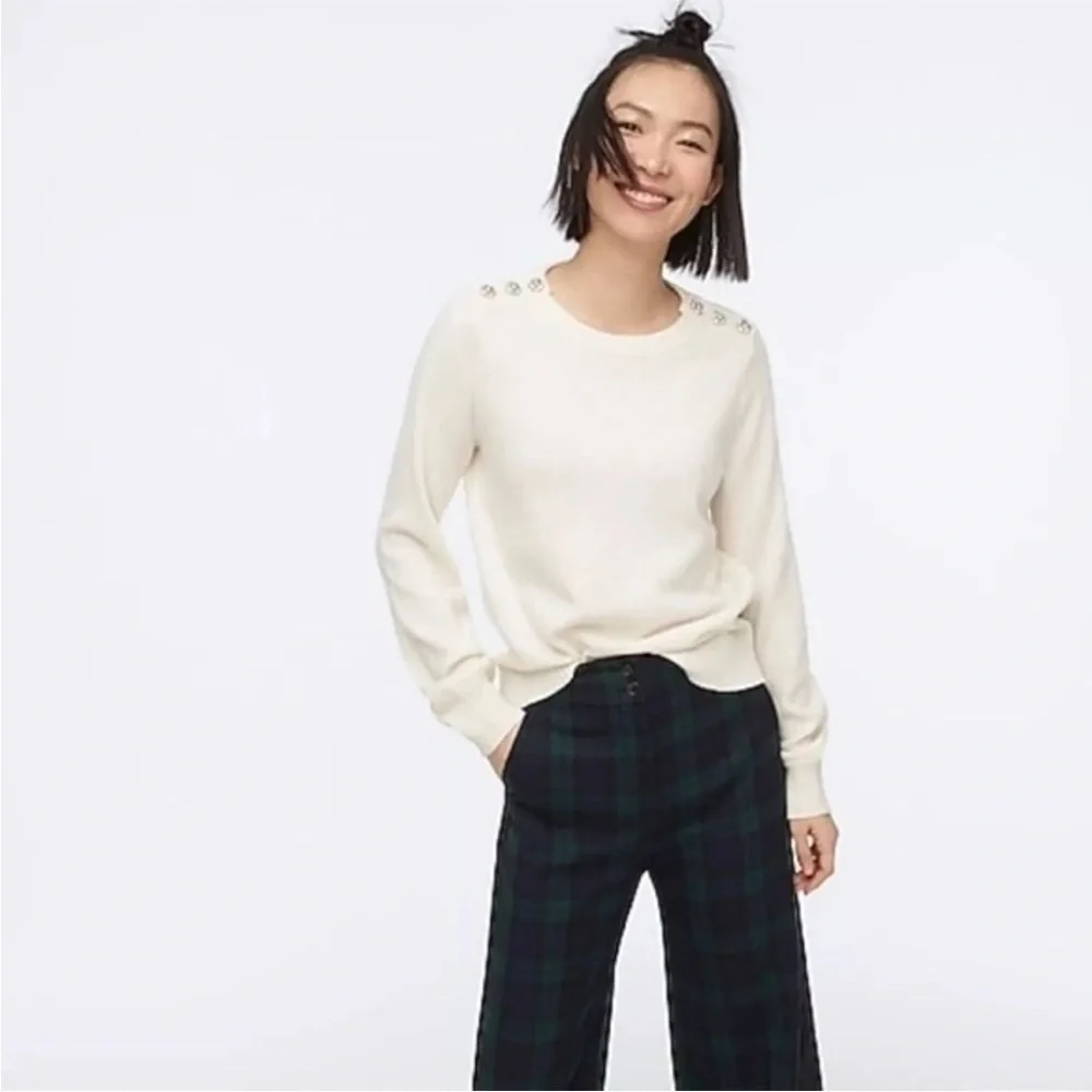 J. CREW Crewneck Long Sleeve Lambs Wool Jeweled Button Sweater