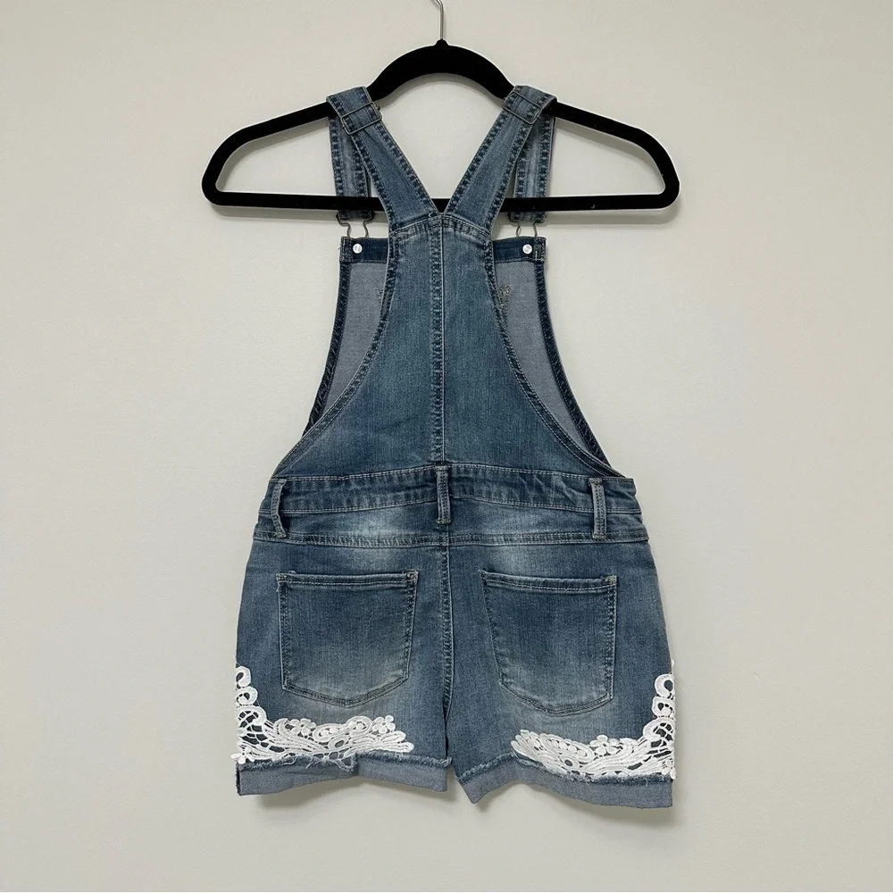 NWT SO Brand Kids Denim Short Overalls with White Crochet Trim Teen Tween Sz 14