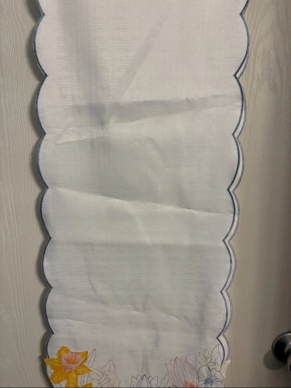 White Scalloped Floral Embroidered Table Runner with Blue Trim
