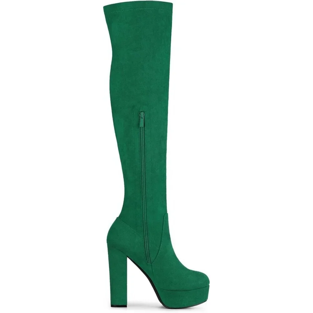 Women Green Suede Chunky Heel Rounded Toe Over the Knee Thigh High Boots