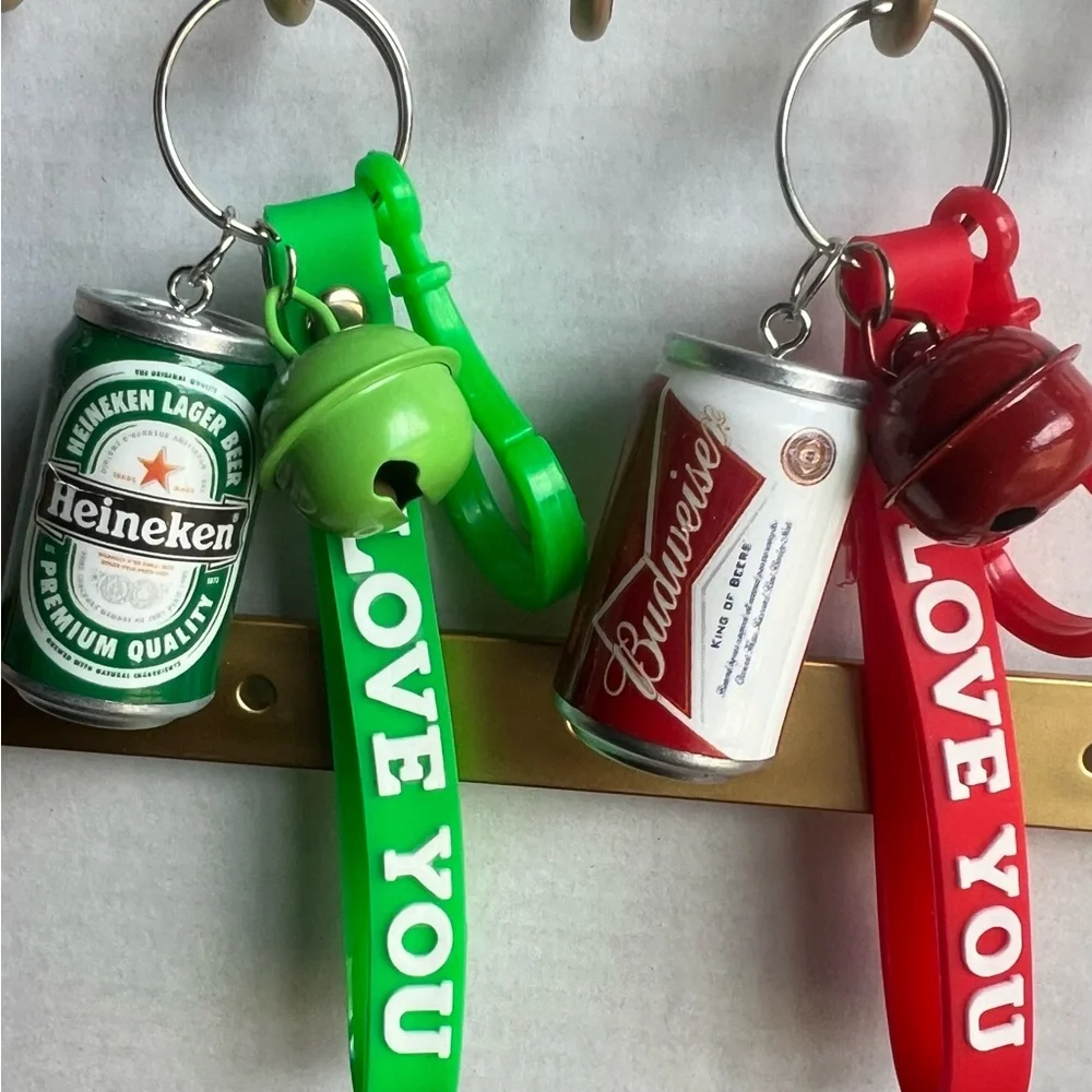 LOVE YOU Beer Can Keychain - Green or Red Silicone Strap