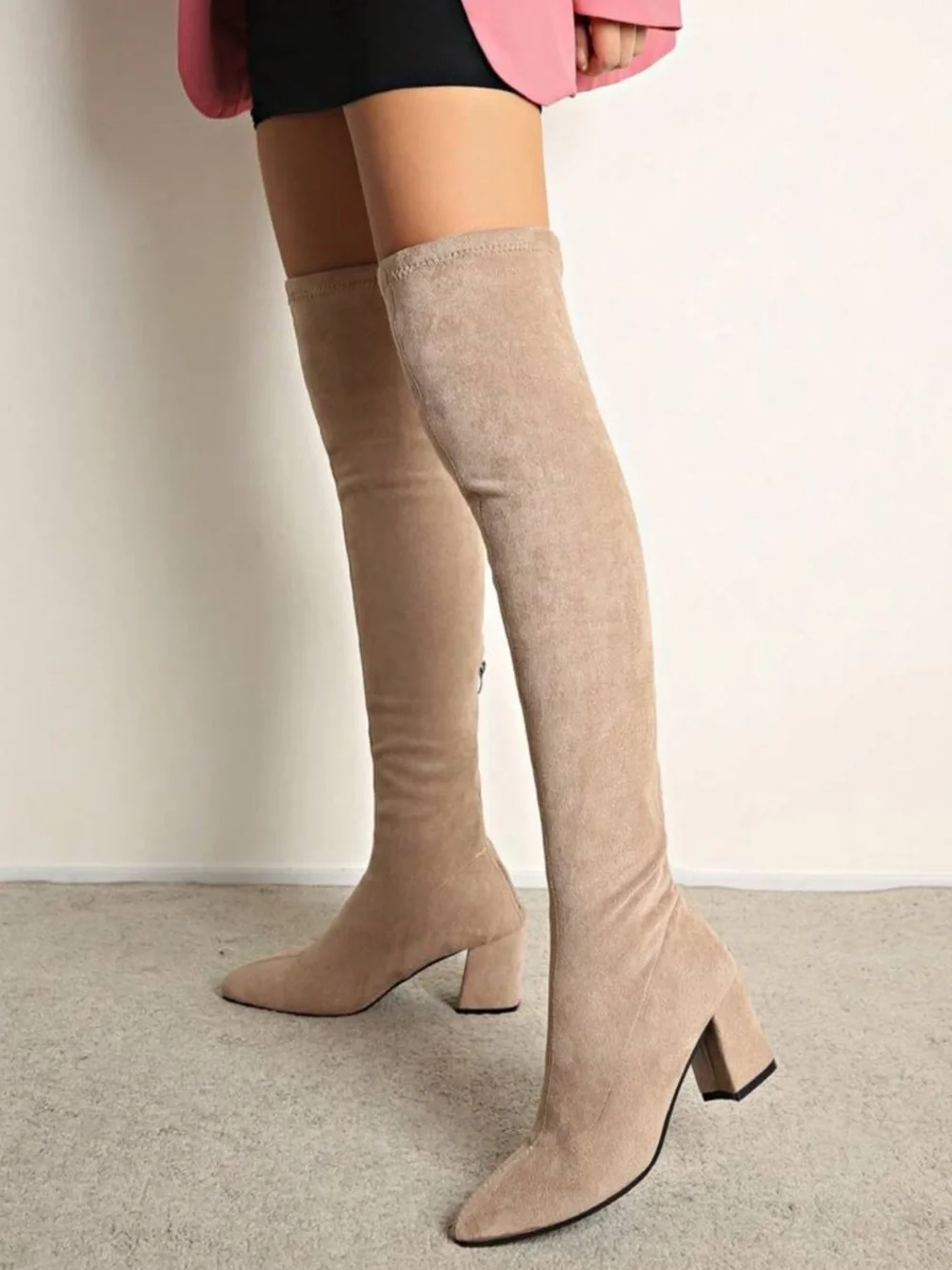 Beige Over-The-Knee Suede Boots – Chunky Heel Thigh High Boots - 9.5