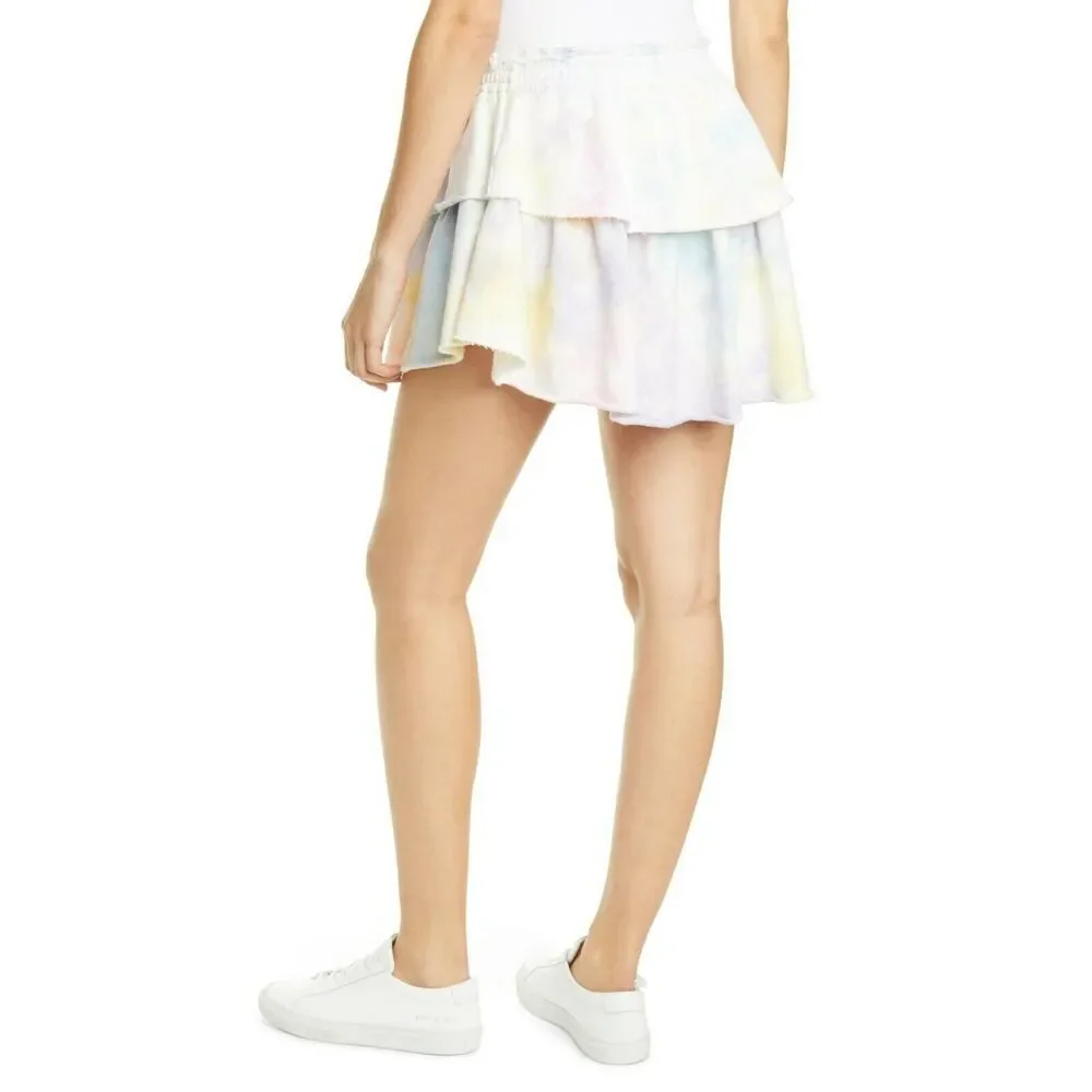 LOVESHACKFANCY pastel ruffle tie dye cotton tiered mini skirt in unicorn Size XS