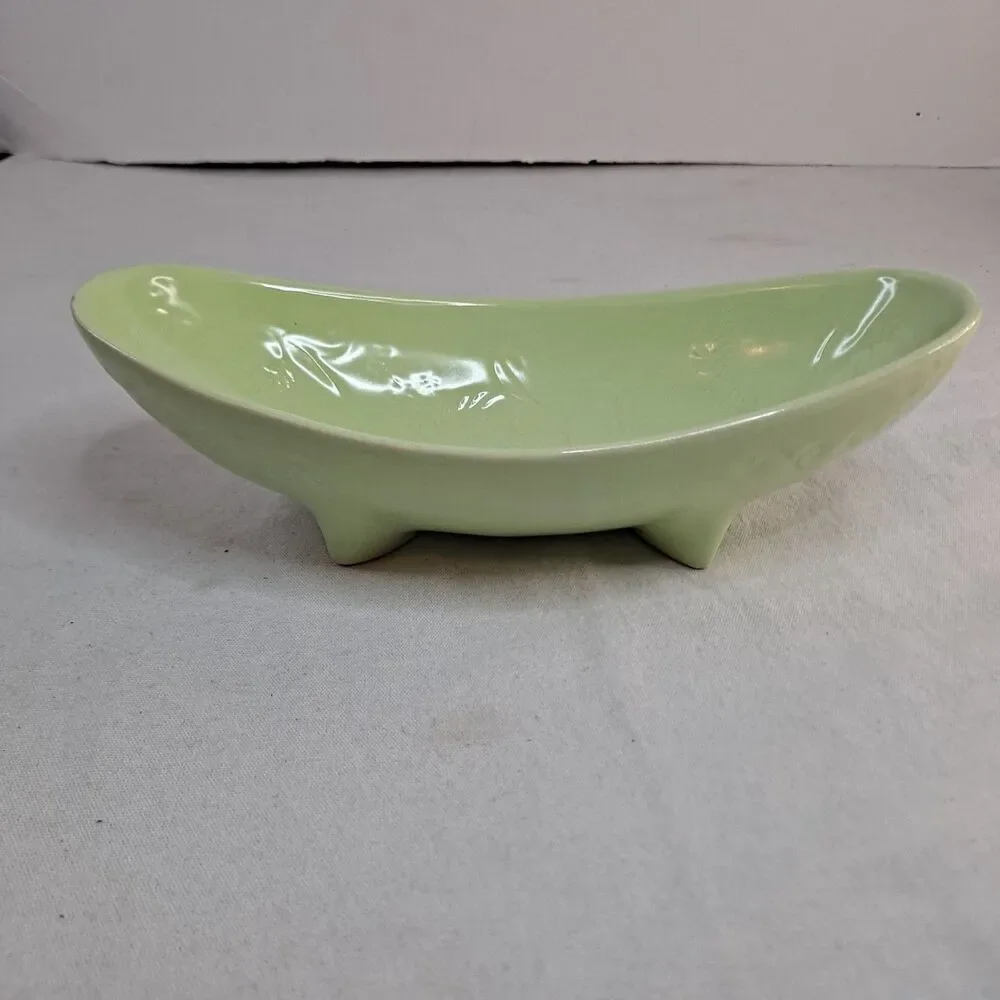 Vintage HULL Pottery Console Footed Bowl Green USA I-18 Glazed Leaf Pattern