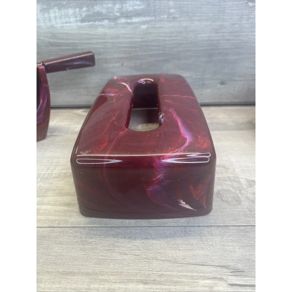 Wine Onyx Marbled Look Bathroom Set Tissue Holder Soap Dish Mirror  VTG Plastic
