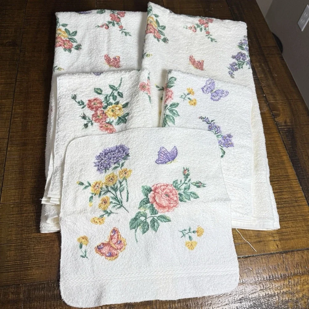 VTG NOS Fieldcrest Floral w/Butterflies 5 Piece Towel Set‎ USA Cotton Cottage