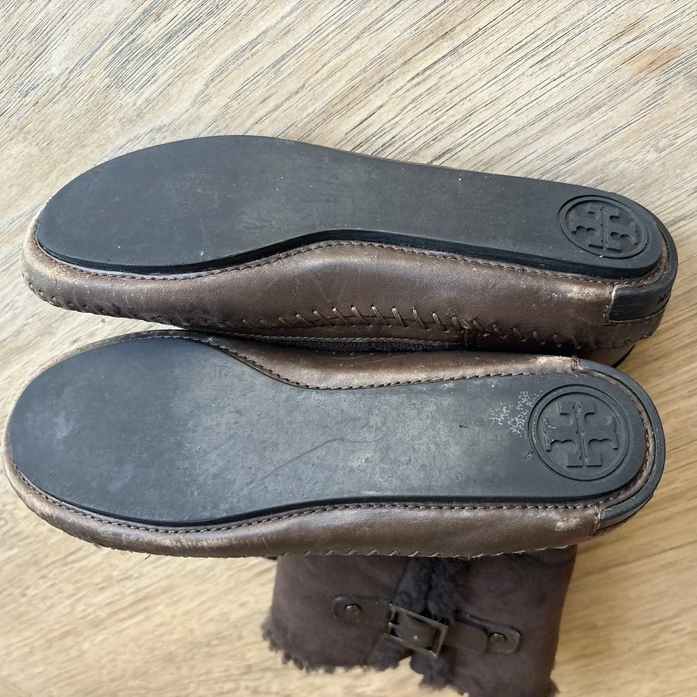 TORY BURCH Sheepskin Shearling Brwn Suede Leather Ugg Boots Mid Calf Winter SZ 7