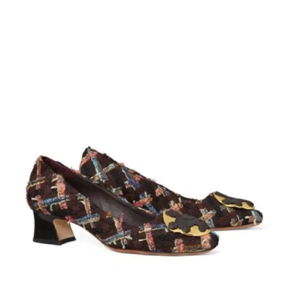 Tory Burch Wool Blend Mixed Media Tweed Plaid Pump In Brown/coco Size 6.5