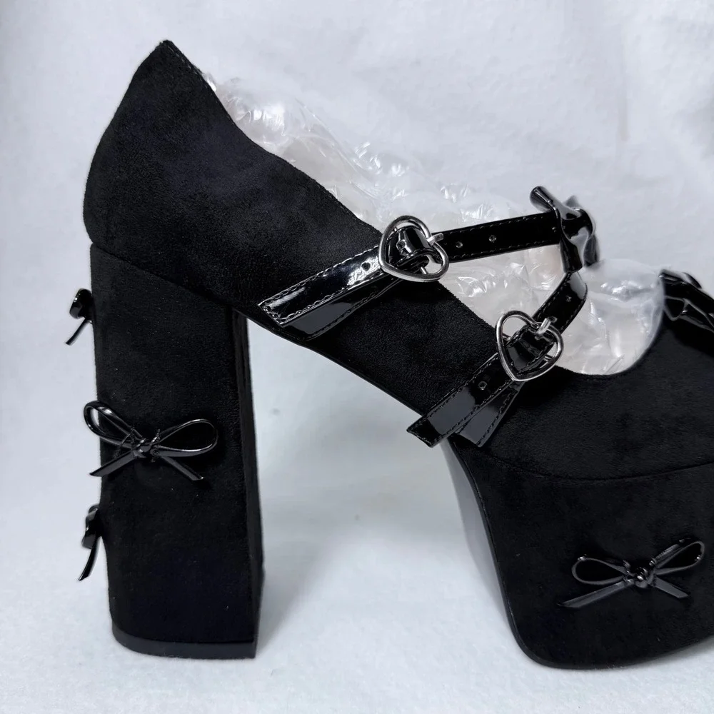Black Bow Platform Mary Jane Pumps Heart Buckle Block Heel Sz US 10 New sexy